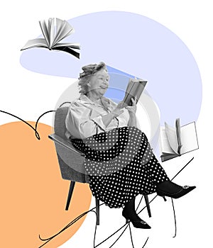 Happy middle age woman sitting and reading book over light background. Contemporary artwork. Concept of studying