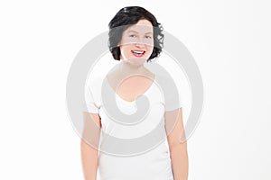 Happy middle age woman in summer blank template t shirt isolated on white background. Copy space. Mock up
