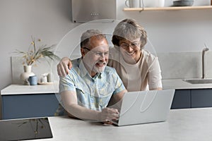 Happy middle aged couple using computer in kitchen.