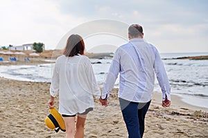 Happy middle aged couple walking together on the beach, back view