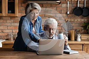 Happy middle aged family couple using computer.