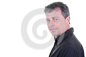 Happy Middle Aged Man portrait blue eyes positive feeling with side copy space