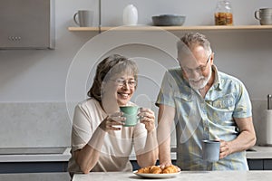 Happy middle aged mature family couple eating breakfast in kitchen.