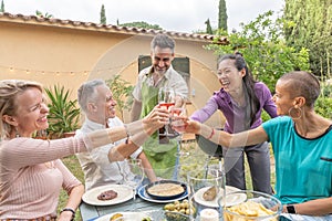 Happy middle aged men and women cheers at country house picnic. Lifestyle concept with cheerful friends having fun