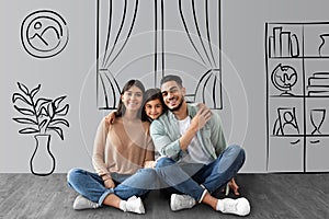 Happy middle eastern family posing at their new house, collage