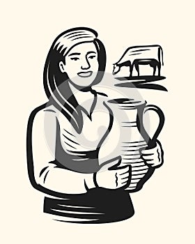 Happy milkmaid holding jug of fresh milk, near grazing cow. Dairy farm, creamery emblem or logo. Food and drink concept