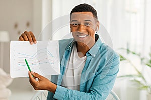 Happy millennial african american male in wireless headphones shows graph to camera in living room