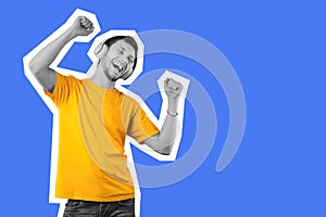 Happy millennial guy using wireless headset, dancing and singing, collage