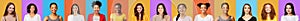 Happy Millennial Women And Girls Faces On Bright Colored Backgrounds