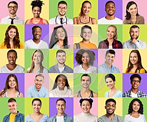 Happy Millennials. Portraits of positive multiethnic men and woman over colorful backgrounds