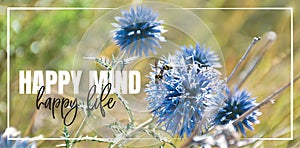 Happy mind, happy life. Wording design, lettering. Beautiful inspirational, motivational, life quotes. Blue flower in nature