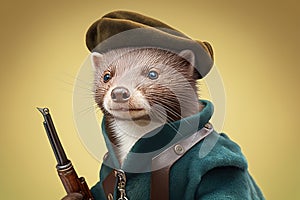 happy mink dressed as a hunter created with Generative AI technology