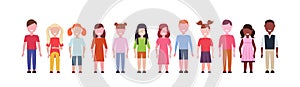 Happy mix race girls and boys standing together diversity little children group male female cartoon characters full