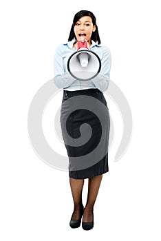 Happy mixed race business woman holding megaphone isolated on white background