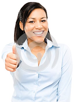 Happy mixed race business woman thumbs up isolated on white background. a young businesswoman giving the thumbs up