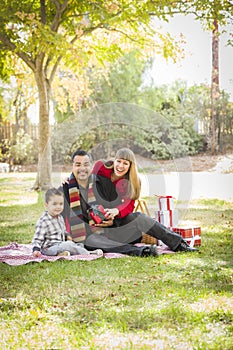 Happy Mixed Race Family Enjoying Christmas Gifts in the Park