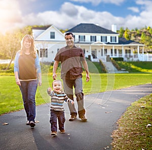 Happy Mixed Race Family Walking in Front of Beautiful Custom Home