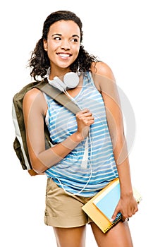 Happy mixed race woman student going back to school