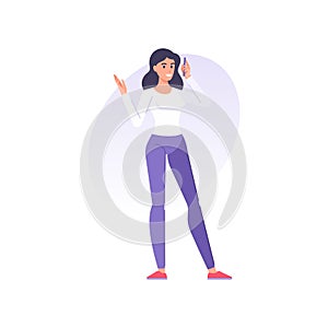 Happy modern casual woman wearing jeans and white shirt talking smartphone hand gesticulate vector