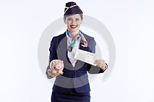 happy modern female air hostess on white