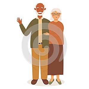 Happy modern multinational senior couple of black-skinned man and white-skinned woman. Colored flat vector illustration