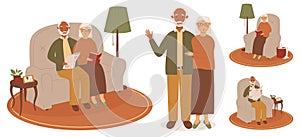Happy modern multinational senior couple of black-skinned man and white-skinned woman set. Old people reading and happy
