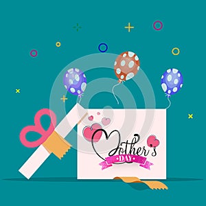 Happy Mohter\'s Day celebration concept with an open giftbox, balloons and other