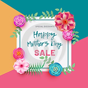 Happy Mohter\'s Day decorated text with beautiful flowers and leafs on colorful background. Sale Banner or Sale Post