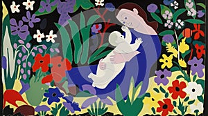 Happy mom and baby in a blooming garden Matisse stylization