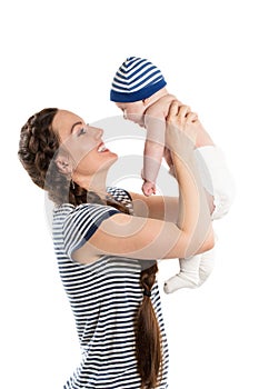 Happy mom and child girl hugging isolate on white background. The concept of childhood and family.