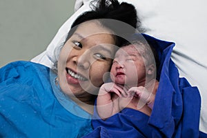 Happy mom and childbirth baby asian girl