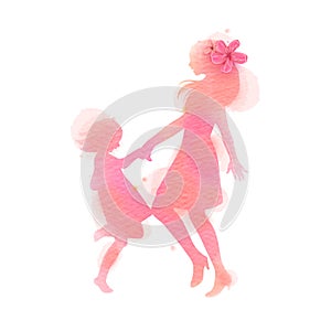 Happy mom and girl dancing silhouette on watercolor background. Mother and daughter. Happy mother`s day. Digital art painting.