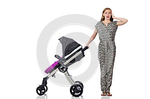 The happy mom with her baby in pram