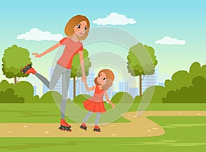 Happy Mom and Her Daughter Roller Skating in the Park Enjoying Sport Activity Vector Illustration