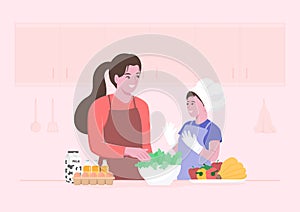 Happy mom and little child preparing fresh vegetable salads in the kitchen.