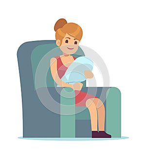 Happy mom with newborn baby. Young female character holding little son and sitting on armchair in home, motherhood