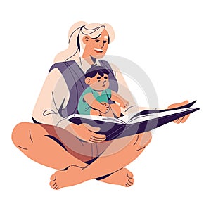 Happy mom reads fairy tale book to her baby. Mum sits, holds newborn in hands. Parent has fun with infant. Mother and