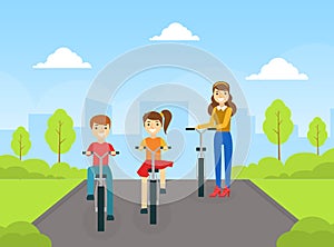 Happy Mom, Son and Daughter Riding Bikes in Park, Sports and Leisure Outdoor Activity Cartoon Vector Illustration