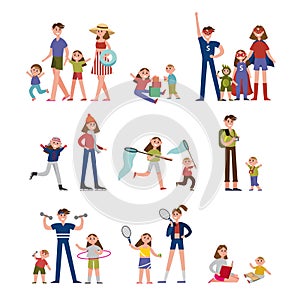 Happy moments in family life, activity and leisure. Family set colorful characters with parents and children vector