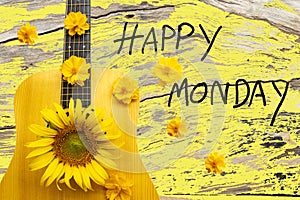 happy monday message card handwriting with yellow flower and guitar