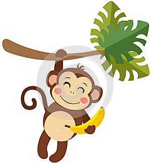 Happy monkey hanging from palm branch holding a banana