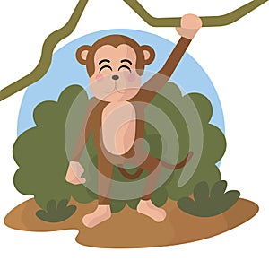 Happy monkey swinging branch. Vector