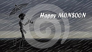 Happy Monsoon greeting card - a boy walking with an umbrella in the rain
