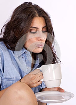 Young Brunette Woman Morning Hot Coffee