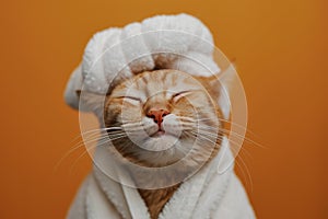 A happy morning image. A red-haired cat in a bathrobe and with a towel on his head rejoices on an orange background