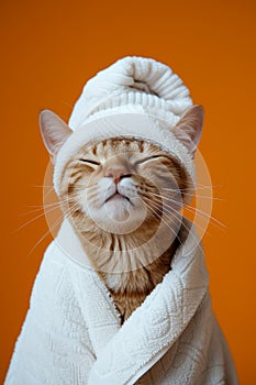 A happy morning image. A red-haired cat in a bathrobe and with a towel on his head rejoices on an orange background