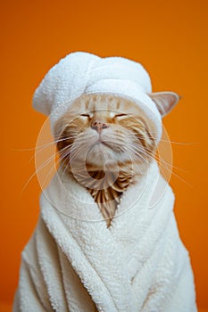 A happy morning image. A red-haired cat in a bathrobe and with a towel on his head rejoices on an orange background