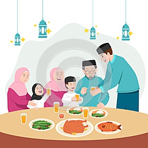 Happy mosem family having iftar party ramadan concept art illustration