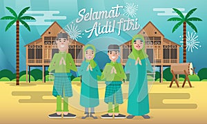 Happy moslem family celebrate for aidil fitri with with traditional malay village house/Kampung and drum on background
