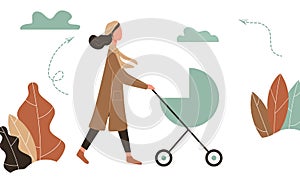 Happy mother on autumn walk with newborn in stroller. Woman pushing pram with child in park. Young mom with baby in pushchair